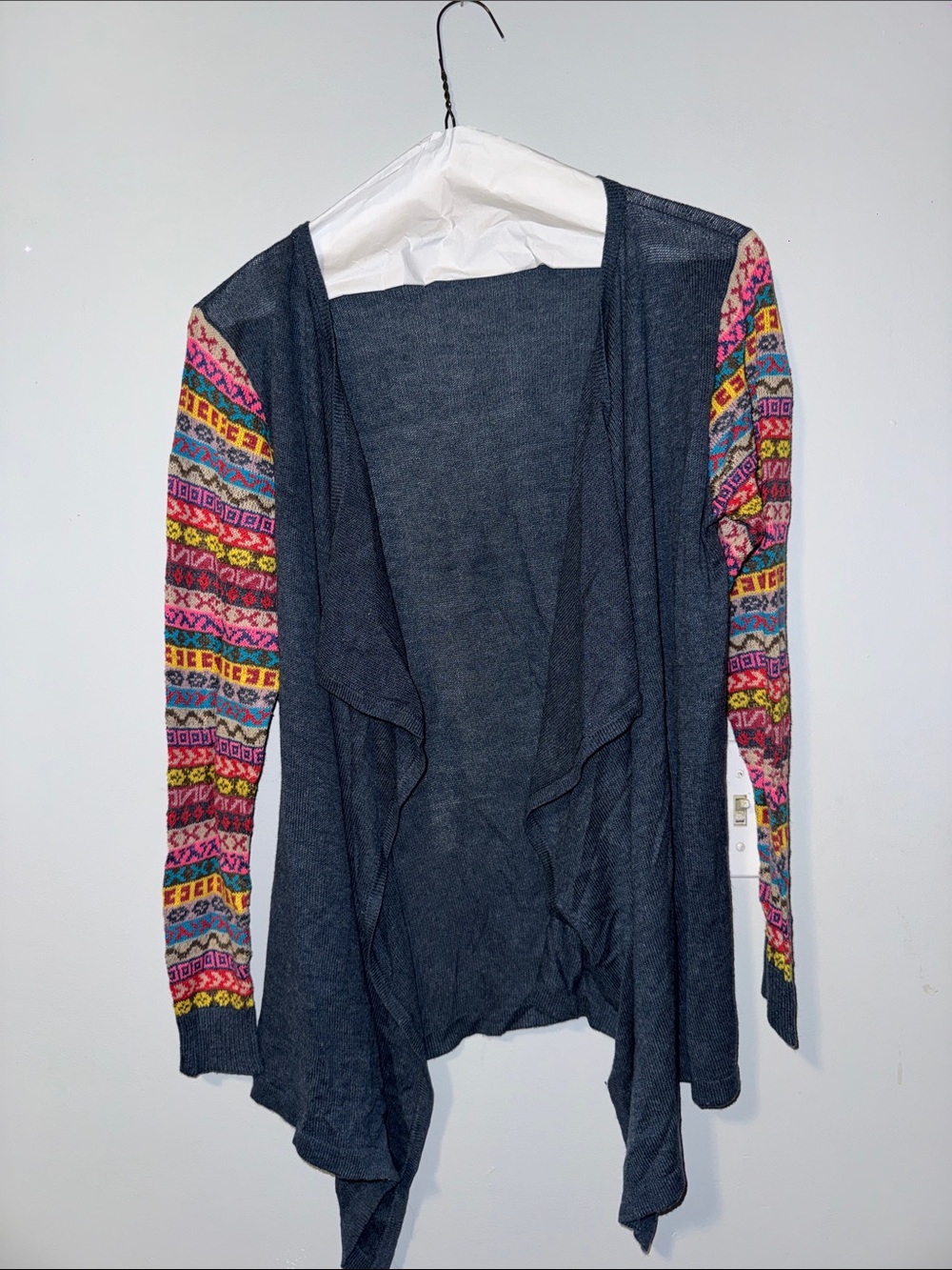 Dark Gray Open-Front Cardigan with Multicolor Patterned Sleeves